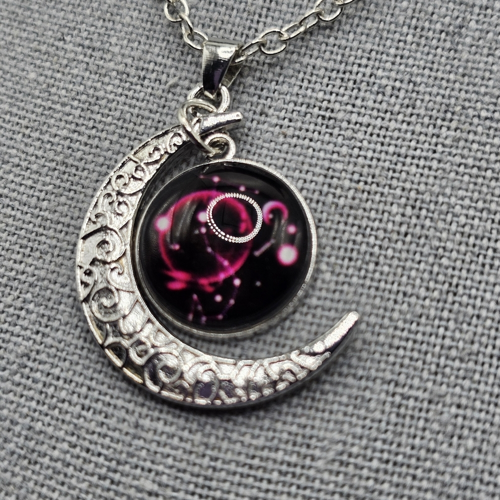 Silver and Pink Crescent Moon Pendant Necklace For Scorpio  18" W 2" Extension